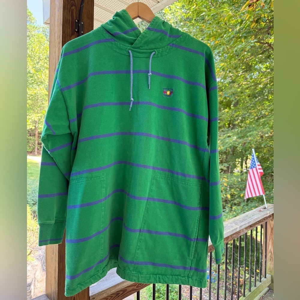 VTG Regatta Green & Blue Striped Hoodie w Pockets GREAT COND Size Large